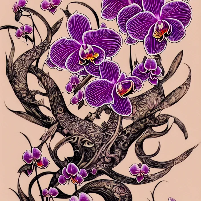 Image similar to extremely psychedelic tattoo design made of orchid and cherry blossom tree and mushroom, LSD tattoo design, diffuse lighting, fantasy, intricate, elegant, highly detailed, lifelike, photorealistic, digital painting, artstation, illustration, concept art, smooth, sharp focus, art by John Collier and Albert Aublet and Krenz Cushart and Artem Demura and Alphonse Mucha