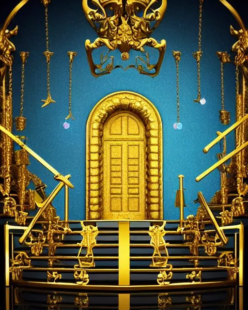 Prompt: scientifically realistic render scifi gold staircase to royal temple carved out of marble skeleton and blue gems and cyan crystal rendered in octane