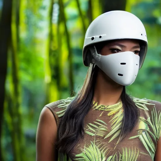 Prompt: portrait of an editorial model with pastel fiberglass mask helmet reflective light standing in a bright jungle detailed portrait photo 8k HD detailed 105mm f2.8