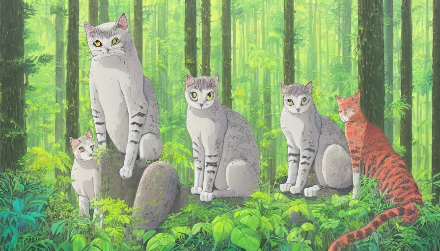 Image similar to highly detailed contemporary acrylic painting of really tall sitting cats by studio ghibli, thick brush strokes and visible paint layers, dense overgrown forest background, vivid pastel color scheme