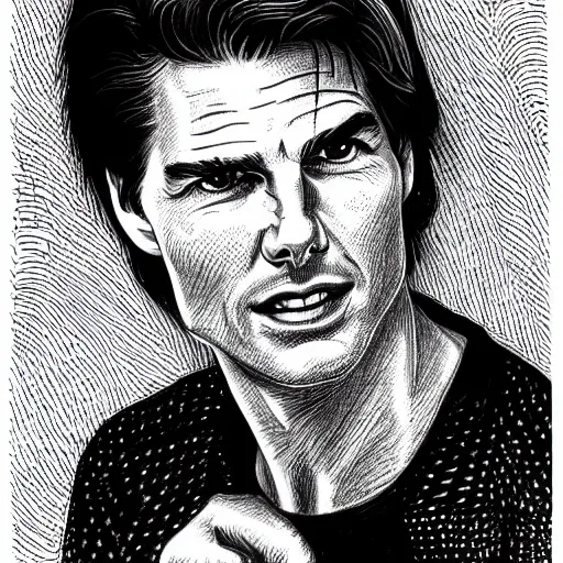 Image similar to a portrait drawing of Tom Cruise drawn by Robert Crumb