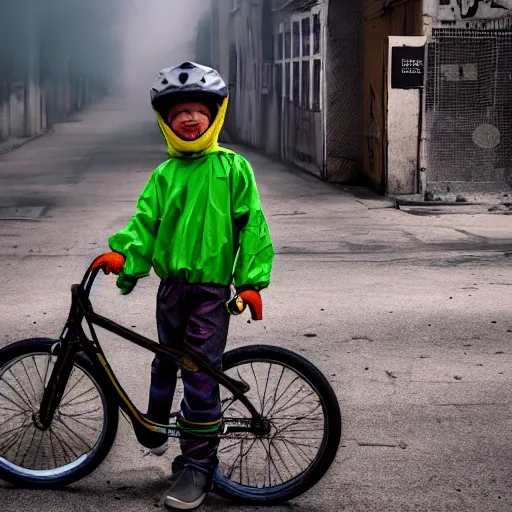 Image similar to a photo of a boy wearing a hazmat suit, riding a bike, side-view, smoke in the background, filthy streets, broken cars. Vines growing. Jpeg artifacts. Full-color photo. 4K UHD. Color color color color color. Award-winning photo. Samyang/Rokinon Xeen 50mm T1.5