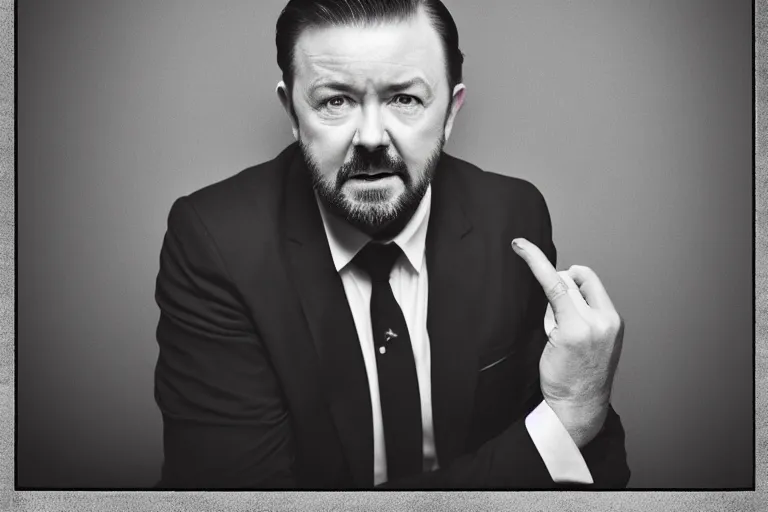 Image similar to an 8 5 mm portrait of ricky gervais as a 1 7 0 0's gangster by gustave baumann, lomography lady grey, ultra realistic, beautiful lighting, dramatic, noise, film