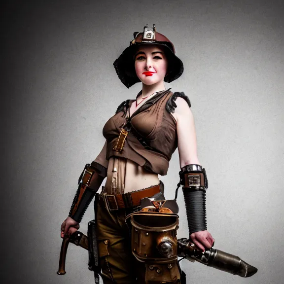 Image similar to full length photo of a very beautiful female dieselpunk warrior, 8 k, hdr, smooth, sharp focus, high resolution, award - winning photo