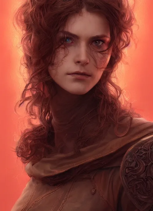 Image similar to vertical portrait of a ruggedly handsome female cleric, soft hair, close - up face, leather, witchy, d & d, fantasy, intricate, elegant, highly detailed, digital painting, artstation, concept art, smooth, sharp focus, illustration, art by artgerm and greg rutkowski and alphonse mucha, plain red background