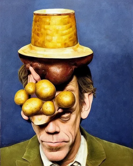 Image similar to hugh laurie with potatoes instead of eyes, wearing a tea pot as a hat, surrealist painting, highly detailed