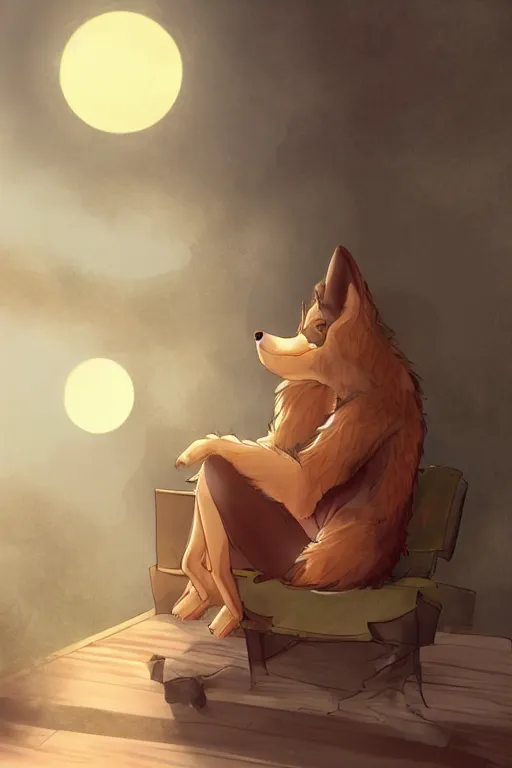 Image similar to anthropomorphic wolf fursona sitting in a chair at home lit by the sunset, furry art, trending on artstation, digital art, kawacy, trending on furaffinity