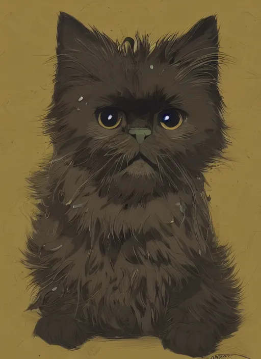 Prompt: concept portrait of black persian cat staring contemptuously at people, artstation, art by petros afshar, tom whalen, laurie greasley and greg rutkowski and ilya kuvshinov