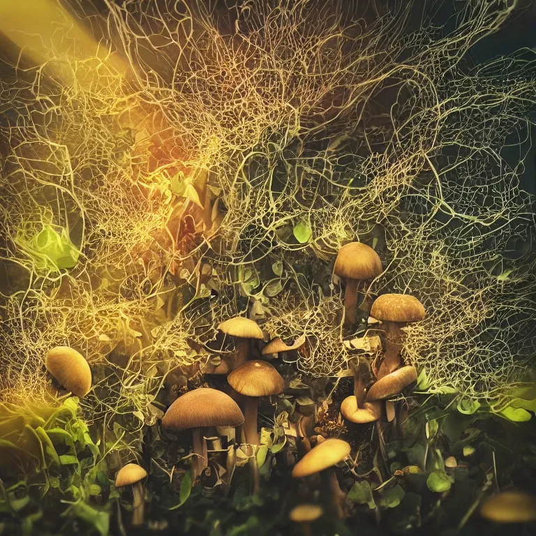 Image similar to double exposure of dally life, symbols of live, explosion, different sprouts and microgreens on mushrooms, cyber mushroom city, mushroom matrix, love is the most relevant theme, 8 k resolution, artistic mode, artistic, trending on instagram, long exposure, love art, serious, fantasy and dreams vibes, mushrooms style and macro style, spring vibes in twilight or sunset lights