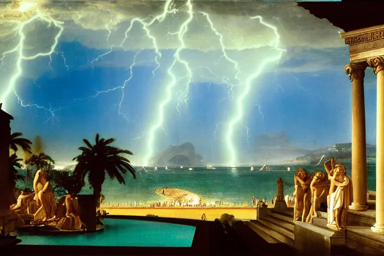 Image similar to mediterranean balustrade and palace columns, refracted lightnings on the ocean, thunderstorm, fountain, greek pool, beach and Tropical vegetation on the background major arcana sky and occult symbols, by paul delaroche, hyperrealistic 4k uhd, award-winning, very detailed paradise