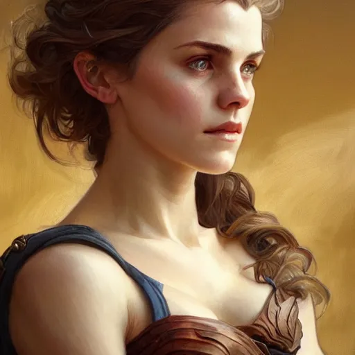 Prompt: portrait of a emma watsonj, muscular, upper body,big chest, D&D, fantasy, intricate, elegant, highly detailed, digital painting, artstation, concept art, matte, sharp focus, illustration, art by Artgerm and Greg Rutkowski and Alphonse Mucha