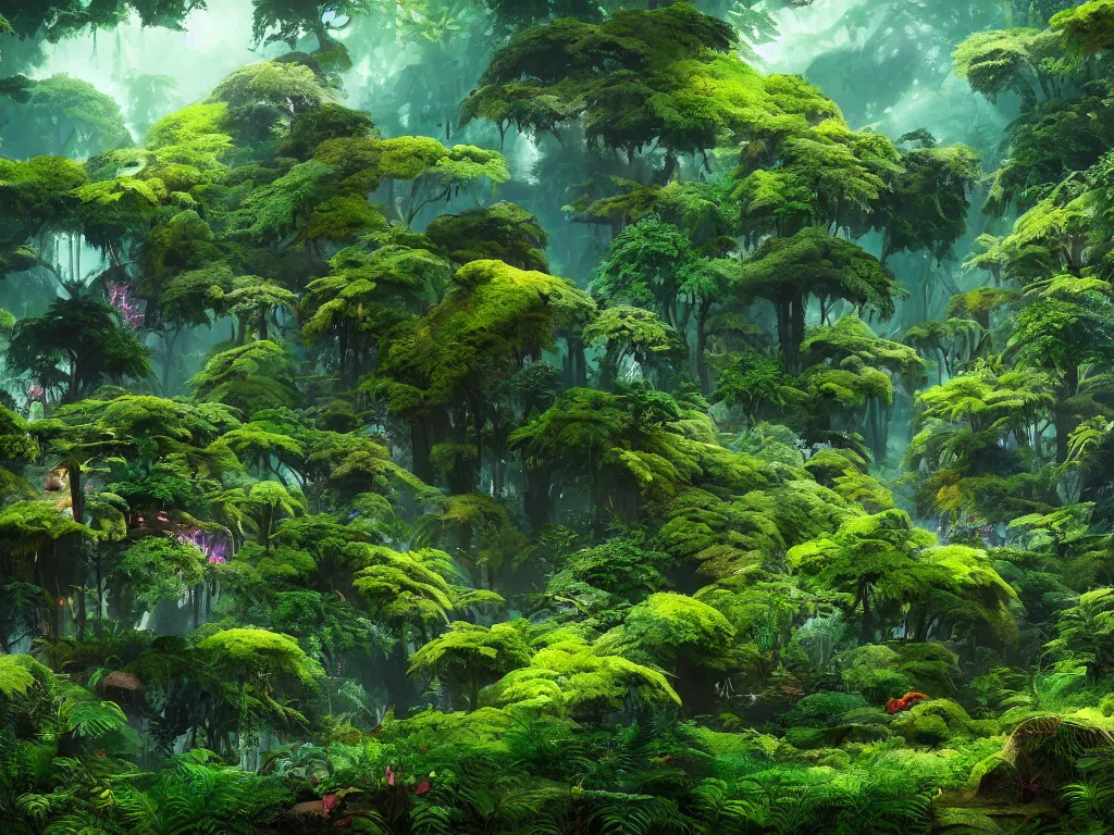 Prompt: a beautiful otherworldly fantasy landscape of dense lush ferns and evergreen trees in hyper detail like the pacific northwest, vivid glowing colors, extreme detail, studio ghibli and pixar and abzu, rendering, cryengine, deep colors, aerial perspective, epic scale, vray render, cgsociety