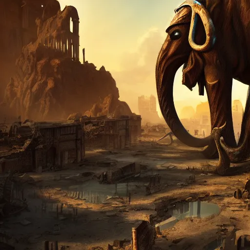 Prompt: golden mammoth in a ruined city, stylized, artstation, hd, cgsociety, cgi, realistic, dramatic, cinematic, artistic, trending, detailed