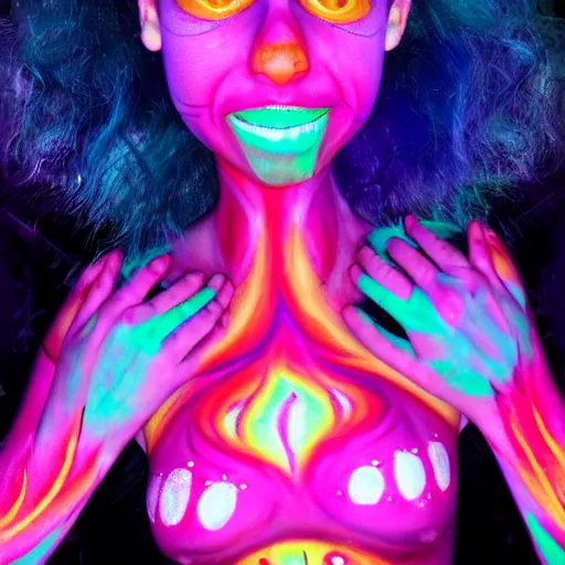 Prompt: dancing twilak tweaker wearing body paint at the rave tripping on lsd wide eyed pixar girl