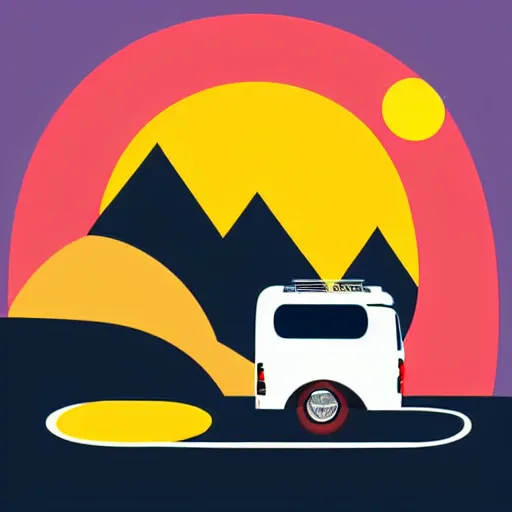 Image similar to vector art of a white and black cute thor chateau! motorhome camper!!, highway, mountains and colorful sunset!!, very very happy, dramatic motion, warm colors, crisp lines, very minimal vector art, sticker!! by tom whalen