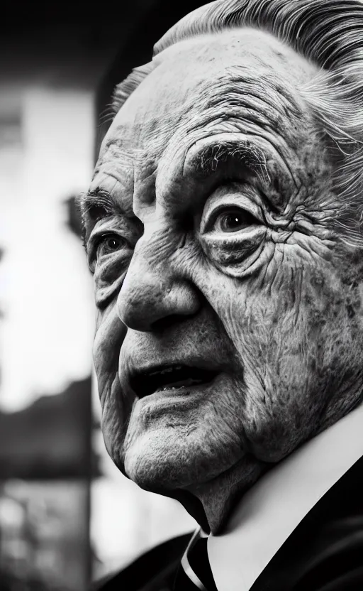 Image similar to Portrait of George Soros looking evil, splash art, movie still, cinematic lighting, dramatic, octane render, long lens, shallow depth of field, bokeh, anamorphic lens flare, 8k, hyper detailed, 35mm film grain