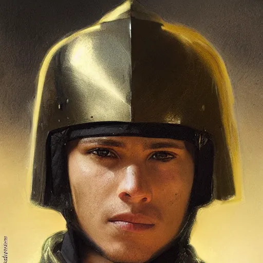Image similar to Medium closeup young idealistic and pious male Imperial soldier wearing a black tabard with light yellow accents over a gambeson and a barbut helm, by Raymond Swanland Greg Rutkowski Lise Deharm, {perfect face}, {perfect eyes}