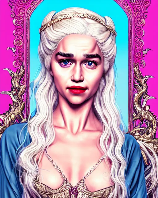 Image similar to closeup portrait happy beautiful daenerys targaryen with long blonde windblown hair in an ornate royal dress, standing on a street in chinatown, pink lipstick, glamour pose, detailed illustration, digital art, trending on artstation, arney freytag, frank miller, moebius, graffiti, gta v,