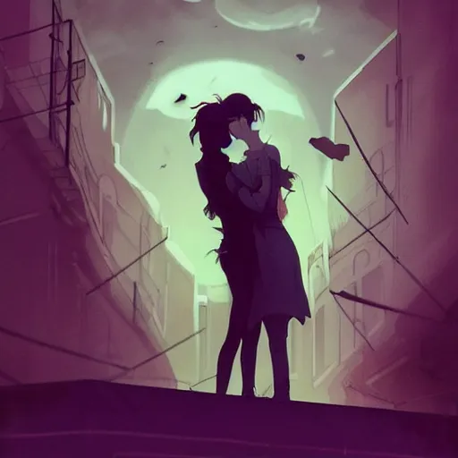 Prompt: romantic, dark and shadowed, long shadows, two short - haired women alone, hair, emotional, embracing, passionately kissing on rooftop, falling deeply in love, dusty abandoned and dark, science fiction, artgerm and charlie bowater and atey ghailan and mike mignola, dark green and black, - ar 6 : 1 9