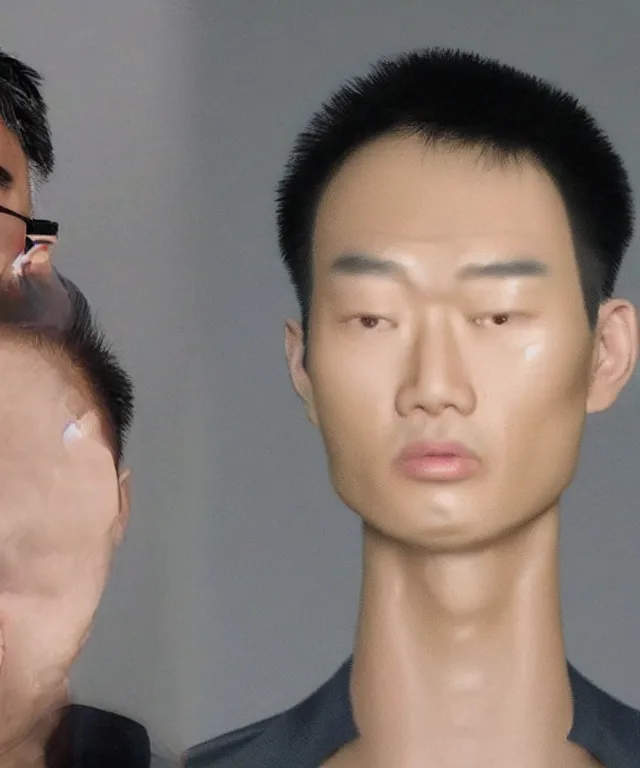 Image similar to asian man whose head is replaced by victoria's secret white model's head, realistic