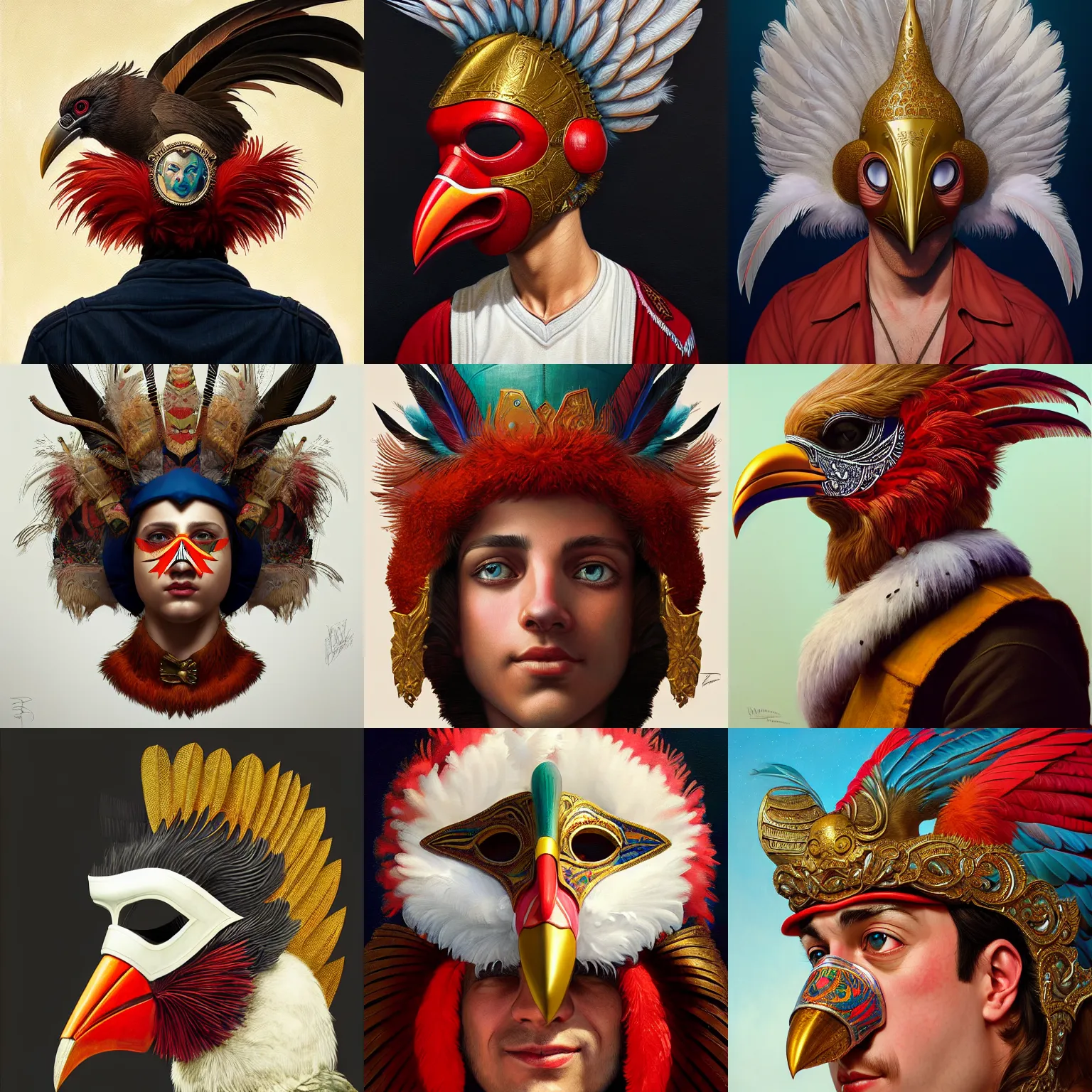 Prompt: rpg! profile! portrait in a carnival bird mask on white background, beak, feathers, intricate, highly detailed, digital painting, artstation, concept art, smooth, sharp focus, illustration, art by norman rockwell emiliano ponzi andrey remnev yoann lossel aaron jasinski, 8 k