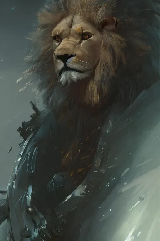 Image similar to portrait male anthro lion character full body precis no blur, concept art, character sheet, nier automata, gaston bussiere, greg rutkowski, tsutomu nihei, cyberpunk, trending on artstation, featured on pixiv, hyper detail, cinematic composition, 8 k