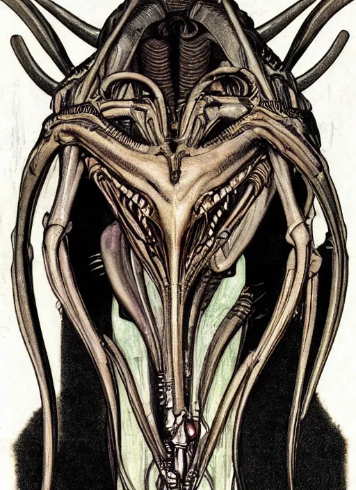 Prompt: a copic maker art nouveau portrait of a xenomorph by norman rockwell and giger