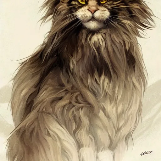 Image similar to maine coon, anthropomorphic large maine coon, bipedal, muskateer outfit, aware. furry. character concept, digital painting, artstation, concept art, smooth, super sharp focus, illustration, art by artgerm and h r giger and alphonse mucha