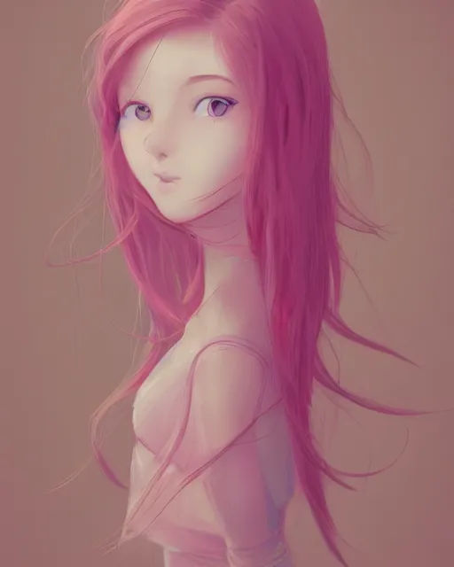 Prompt: a portrait of a young woman with very long pink hair undulating on the wind, light brown eyes, slightly chubby, pale skin, pretty, cute, by ghibli, trending on artstation