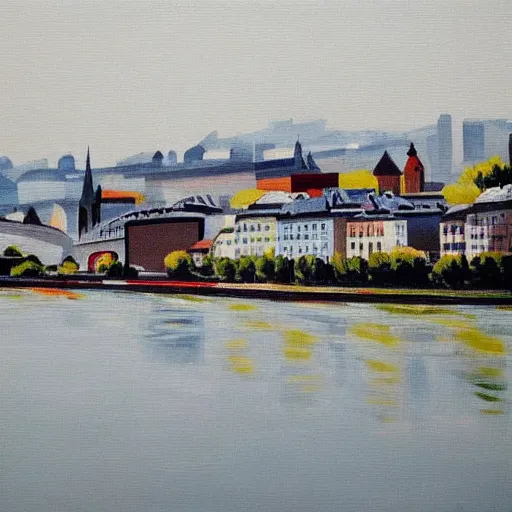 Image similar to very abstract painting of the rhine in basel, the munster in the background, muted greyscale colors, great composition