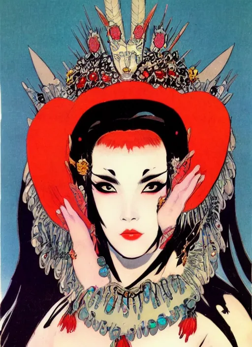 Image similar to female korean vampiress, jeweled headdress, heavy mascara, strong line, saturated color, beautiful! coherent! by frank frazetta, high contrast, minimalism