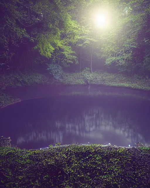 Image similar to a mystical pond in the middle of a lush forest at night during an eclipse, minimalist design, dark and dim lighting, beautiful, tranquil, moody, cinematic, fantasy, 3 5 mm lens, volumetric lighting, first person view, photographic render, hyper realistic