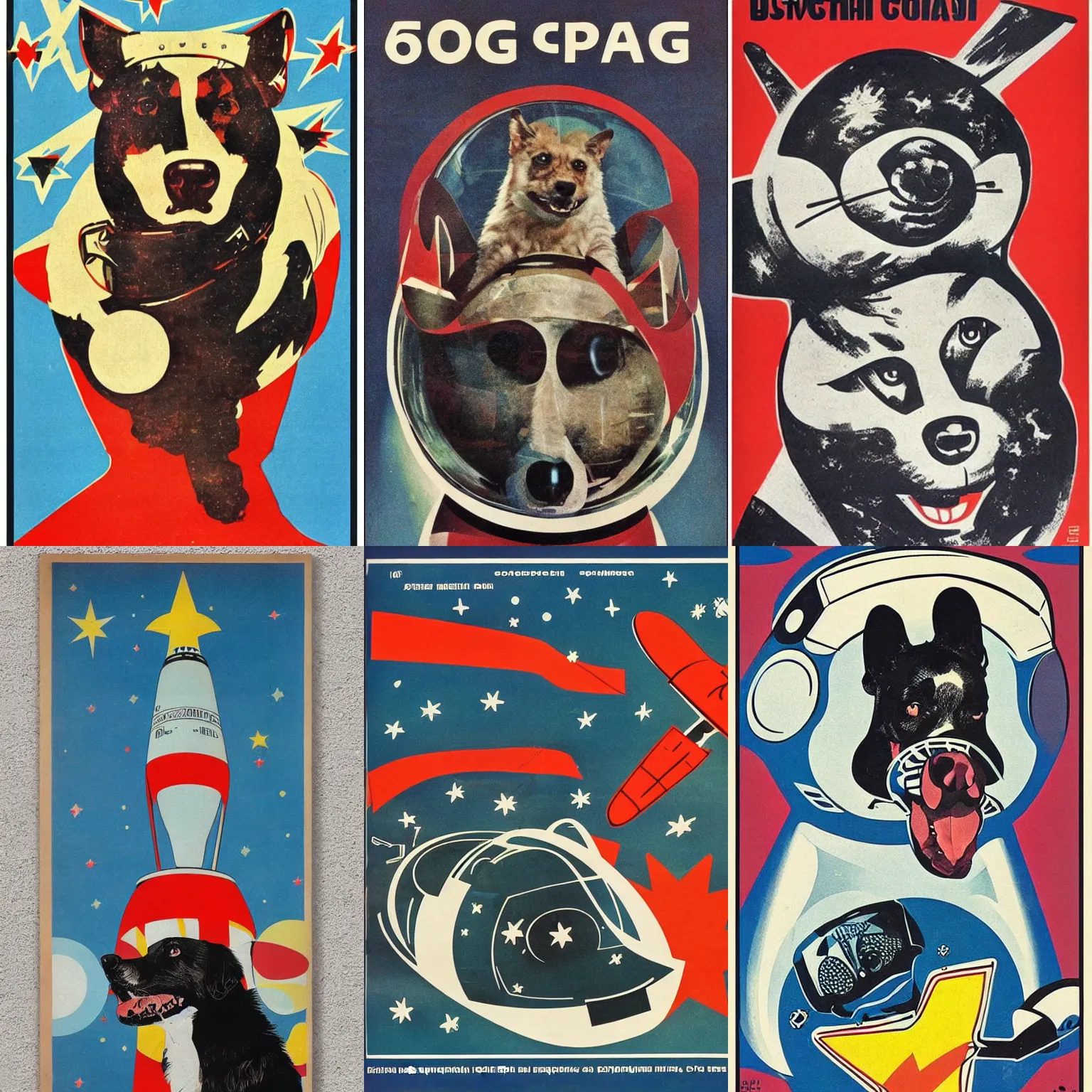 Prompt: Soviet dog head Space craft, 60s poster, 1962 Soviet