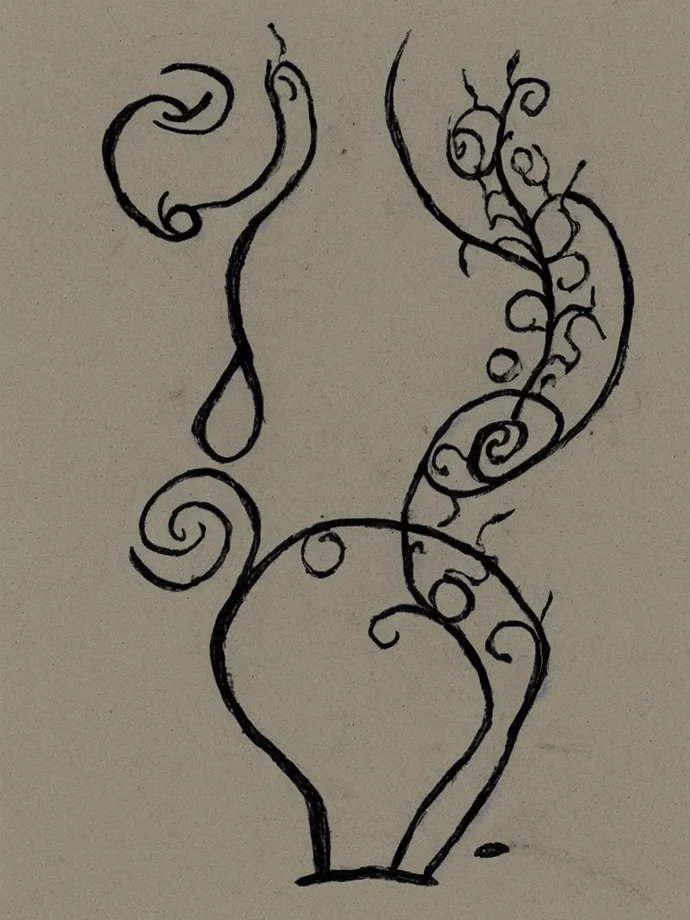 Prompt: a sketch of an acorn that turns into a tree in the shape of a treble clef with a zigzag line in the middle, single line drawing