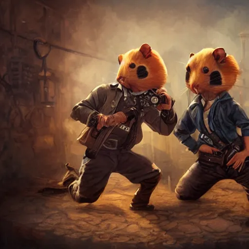 Prompt: oil painting of two hamsters holding guns, berets, medium shot, steampunk clothes, steampunk city background, sharp focus, fantasy style, octane render, volumetric lighting, 8k high definition, by greg rutkowski, highly detailed, trending on art Station, explosions, magic the gathering artwork, centered