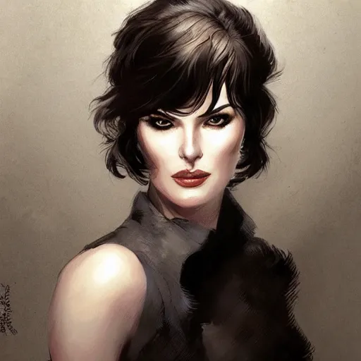 Image similar to portrait of modesty blaise, epic, fantasy, dieselpunk, hd shot, digital portrait, beautiful, artstation, comic magazine style, pencil drawing, by artgerm, guy denning, jakub rozalski, magali villeneuve and charlie bowater