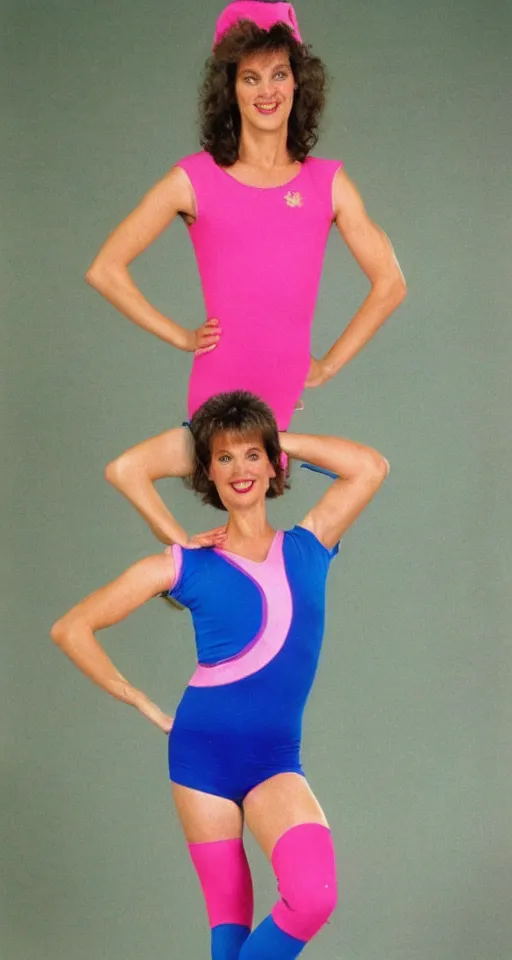 Prompt: 1980s vhs cover for an aerobics instructor in leg warmers and leotard, pink, blue,