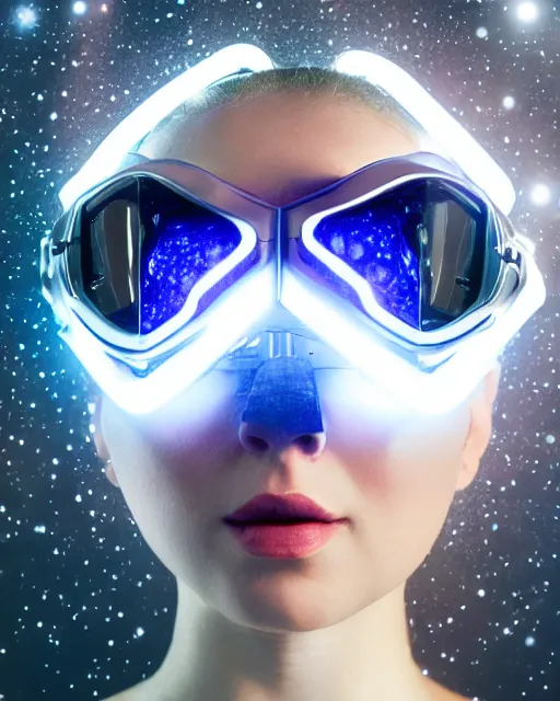 Image similar to centered portrait of soulful young sabrina salerno as a solarpunk mecha humanoid robotic parts wearing crystal goggles with bright led lights, real human face, pudica gesture bouguereau style, in white room, ultra - realistic and intricate, soft portrait shot 8 k