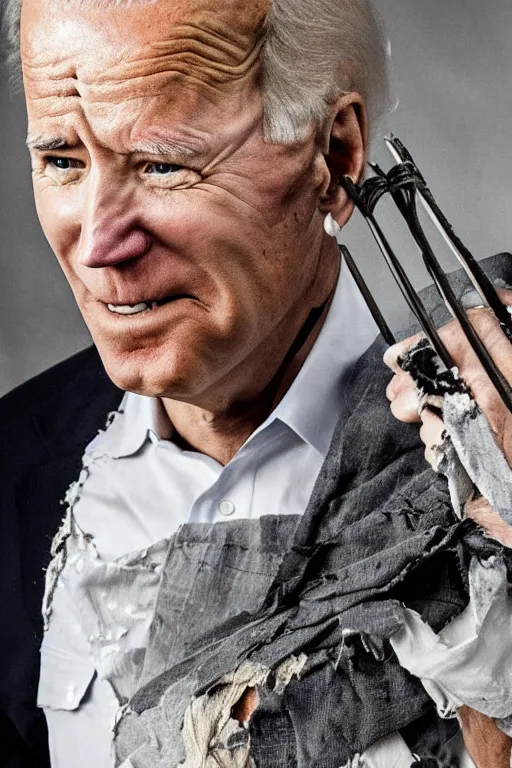 Prompt: Joe Biden with tattered clothes covered in scars holding a katana, dynamic pose, full body portrait, photograph