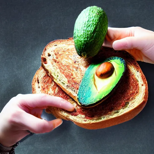 Prompt: A Resplendant Quetzal eating avocado toast, hyperrealistic photo, hyper detailed, depth of field