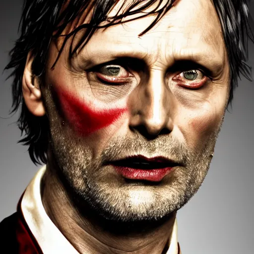 Image similar to mads mikkelsen as a vampire, male, late - 4 0 s aged, shoulder length hair, slicked black hair, red eyes, clean shaven, wearing a cape, regal, royal, grim facial expression, high medieval fantasy, full color digital art, cinematic shot, portrait, wide shot.