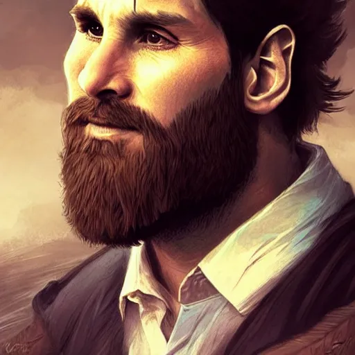 Image similar to Lionel Messi with a majestic beard, closeup, D&D, fantasy, intricate, elegant, highly detailed, digital painting, artstation, concept art, matte, sharp focus, illustration, art by Artgerm and Greg Rutkowski and Alphonse Mucha