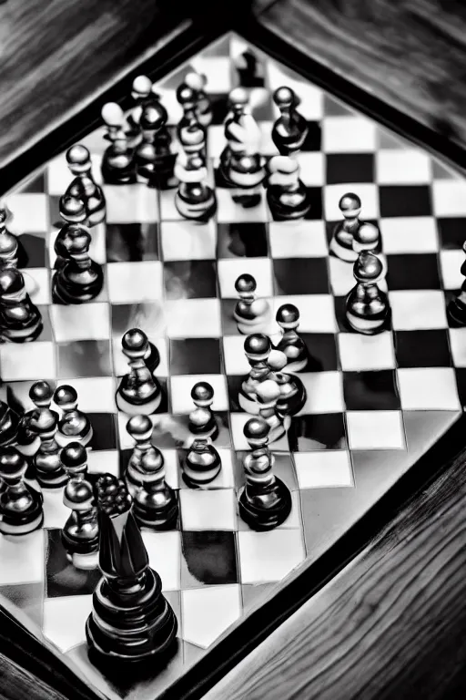 Image similar to a pipe organ chess board made of smoke and mirrors by alexei savrasov, macro lens, low angle, dramatic lighting, high detail and high contrast