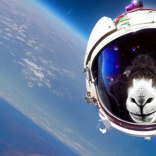 Prompt: a lama in a helmet is flying in space, 4k image.