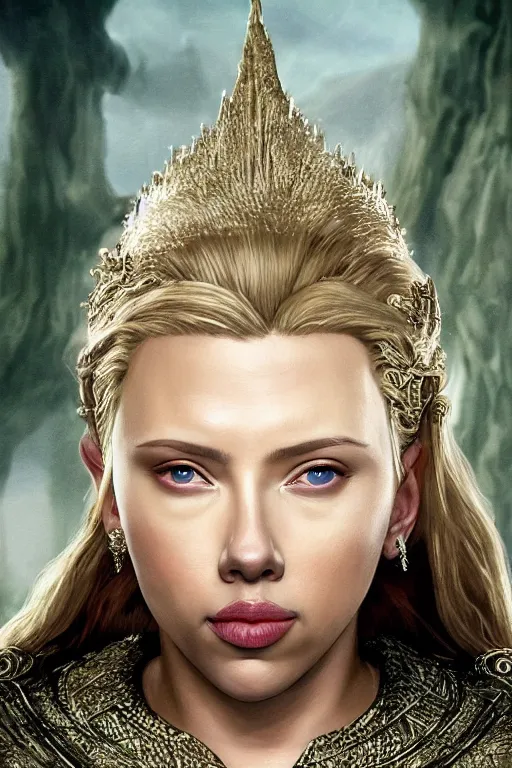 Prompt: Highly detailed headshot portrait of Scarlet Johansson as an Elven royalty from The lords of the rings, a fantasy matte painting in the background shallow focus