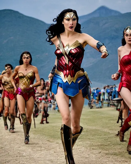 Prompt: gal gadot as wonder woman, at the 2 0 0 - meter starting line, ancient greek olympic trials, mount olympus can be seen off in the distance, sports photography in the style of neil leifer, no dof