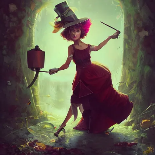 Image similar to realistic, full body portrait, skimpy dress, female mad hatter, by Jordan Grimmer and greg rutkowski, crisp lines and color,