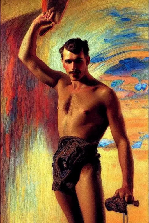 Prompt: attractive man, futurism, painting by gaston bussiere, tom of finland