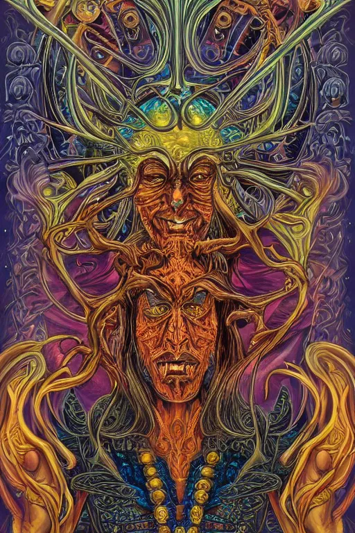 Image similar to beautiful tarot card ofa demon by dan mumford and carol bak and alex grey, oil on canvas, intricate, symmetrical, portrait, 8k highly professionally detailed, HDR, CGsociety
