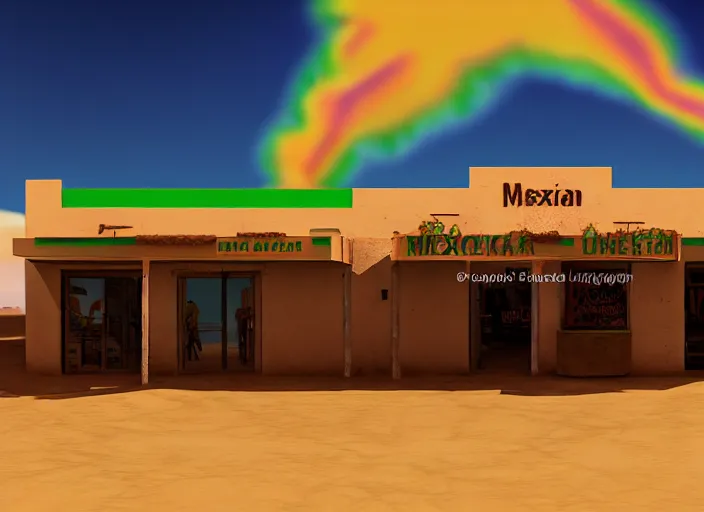 Image similar to realistic exterior photo of a mexican restaurant, vaporwave, in a flat barren desert. sandstorm, 15mm. Very detailed 8k. Sharp. Cinematic post-processing. Unreal engine. Nanite. Ray tracing. Parallax. Tessellation